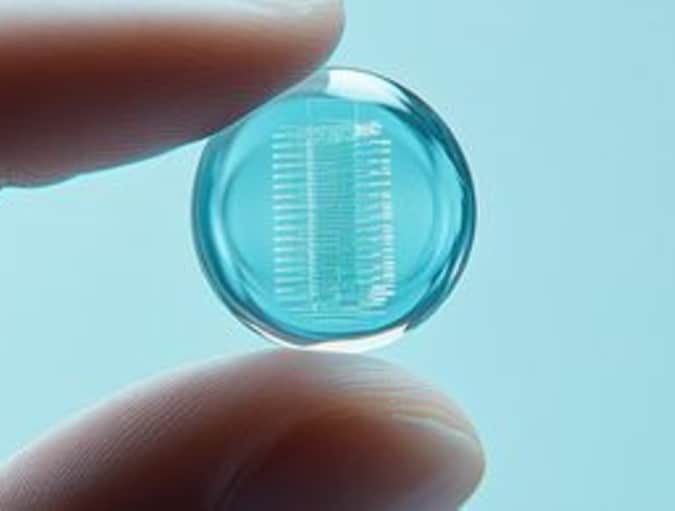 Vingers houden een slimme lens vast met een ingebouwd, digitaal interface.