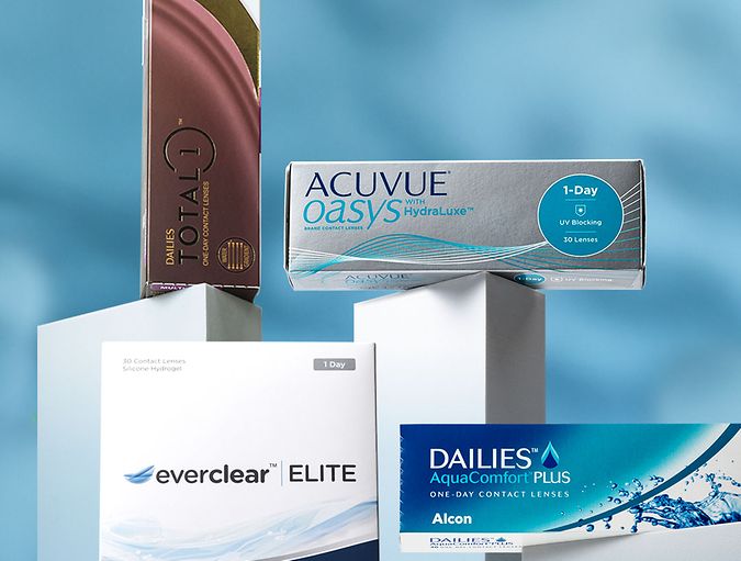Verpakkingen van everclear ELITE, Dailies Total 1, Acuvue Oasys en Dailies Aquacomfort Plus lenzen