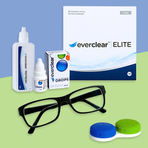 An image with everclear lens solution, everclear eye drops, everclear ELITE daily lenses, glasses, and a lens case