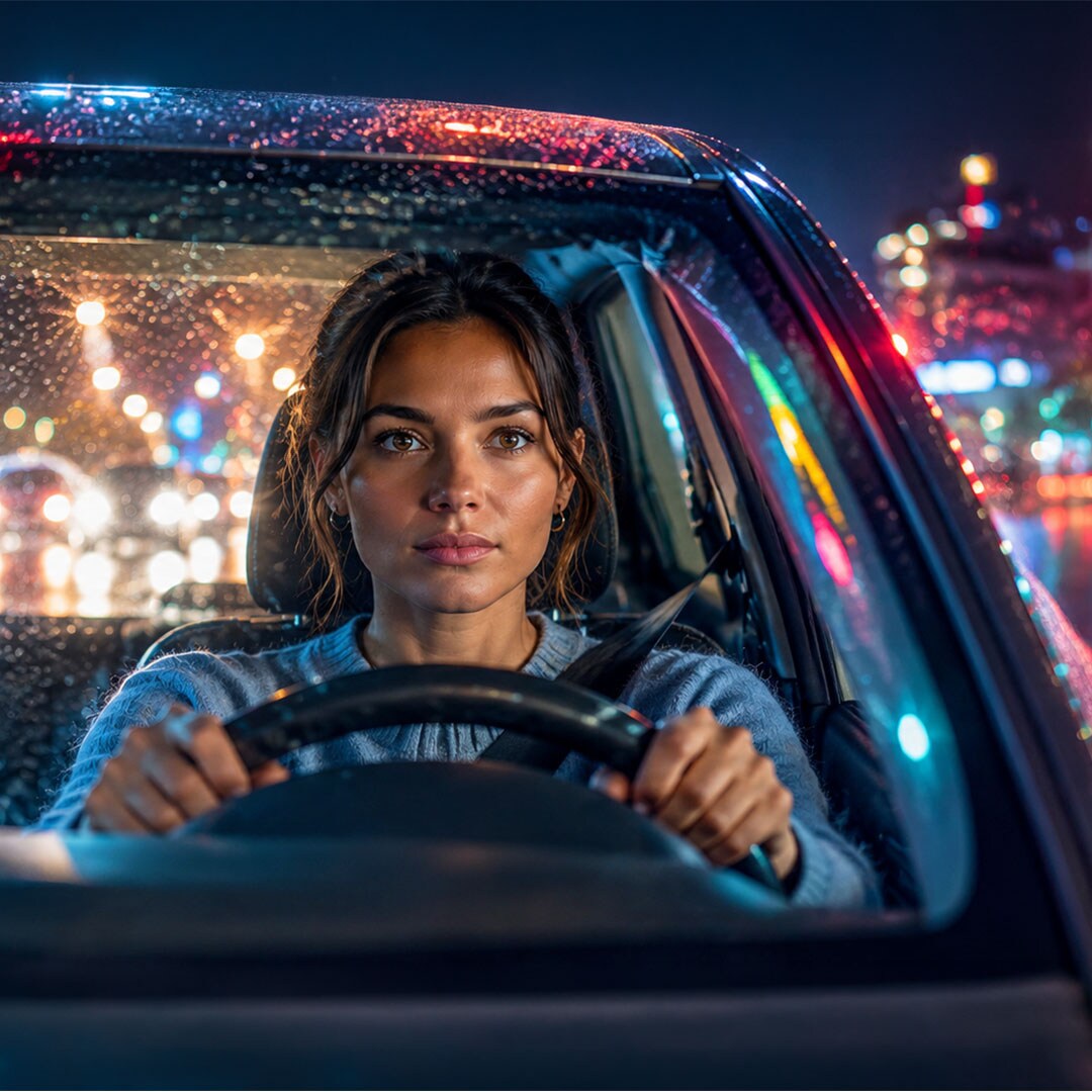 Een vrouw rijdt in het donker in de auto